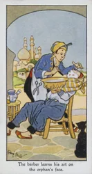 Der Barbier lernt sein Handwerk im Gesicht des Waisen